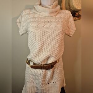 Dex Tunic Cable Knit Sweater Cowl Neck Short Sleeve *No Belt